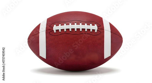 An American football, colored in maroon with white stripes, is isolated on a white background.