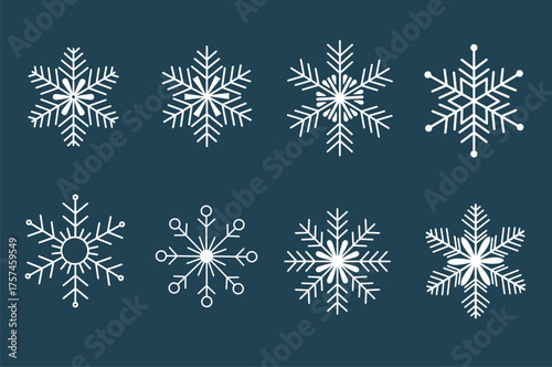 Minimal Snowflake Vector Set, Simple Winter Crystal Bundle Illustration, Editable Line Art for Holiday Season Design and Background Projects.