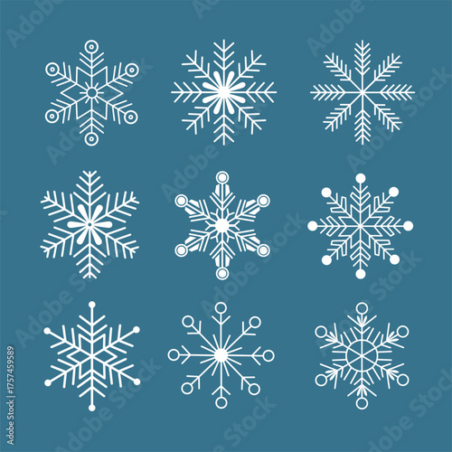 Snowflake Vector Collection, Detailed White Winter Crystal Bundle Illustration, Editable Line Art for Holiday Cards, Seasonal Backgrounds, and Christmas Projects.