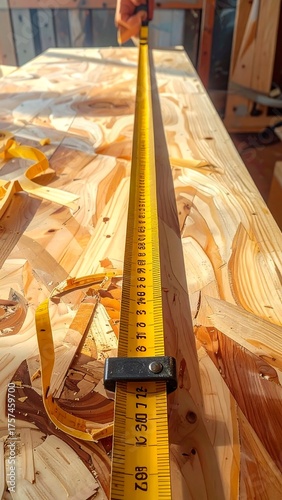 A measuring tape is placed on a wooden surface