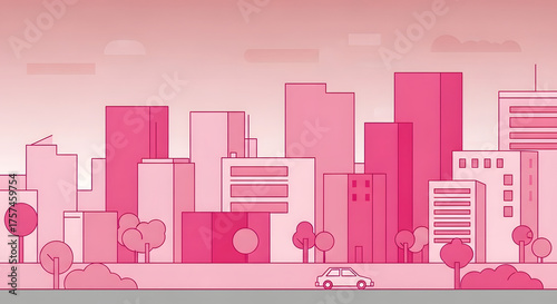 Pink city skyline with buildings, trees, and a car on the road. Flat vector illustration.