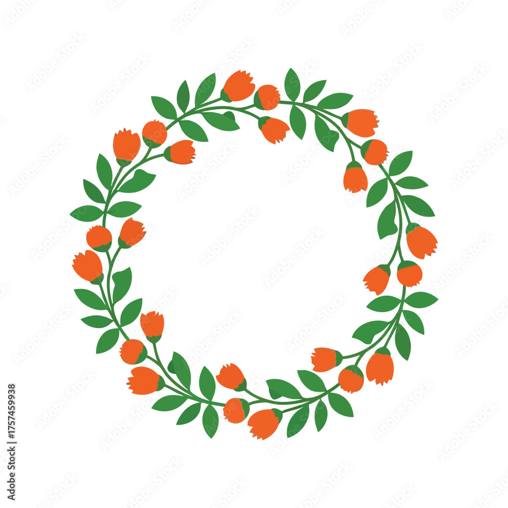 Naklejka premium Vibrant hand drawn floral wreath illustration with blooming buds and green leaves for festive decoration vector