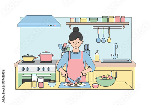 “Cute cartoon illustration of a person cooking dinner in kitchen