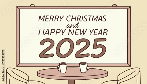 A big Screen are With Empty Chairs and round table in upper two coffee cups, "Merry Christmas 2025"And Happy New Year "2026" are written on screen in a born fire night in Winter Holiday Concept Banner
