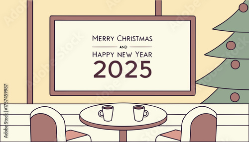 A big Screen are With Empty Chairs and round table in upper two coffee cups, "Merry Christmas 2025"And Happy New Year "2026" are written on screen in a born fire night in Winter Holiday Concept Banner