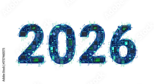 Future Tech Year 2026 Digital Futuristic Circuit Board Elements Isolated on Transparent Background