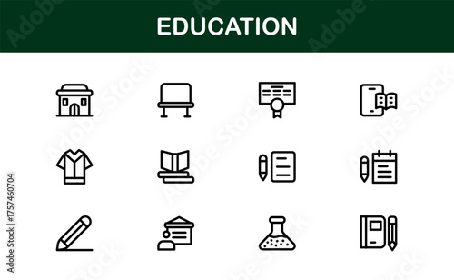 Education Line Icon Set – Professional Minimal Outline Icons for E-Learning, School, and University Projects
