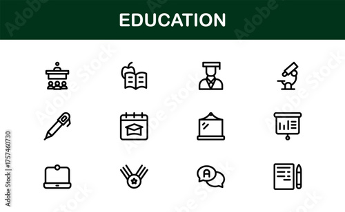 Education Line Icon Set – Professional Minimal Outline Icons for E-Learning, School, and University Projects