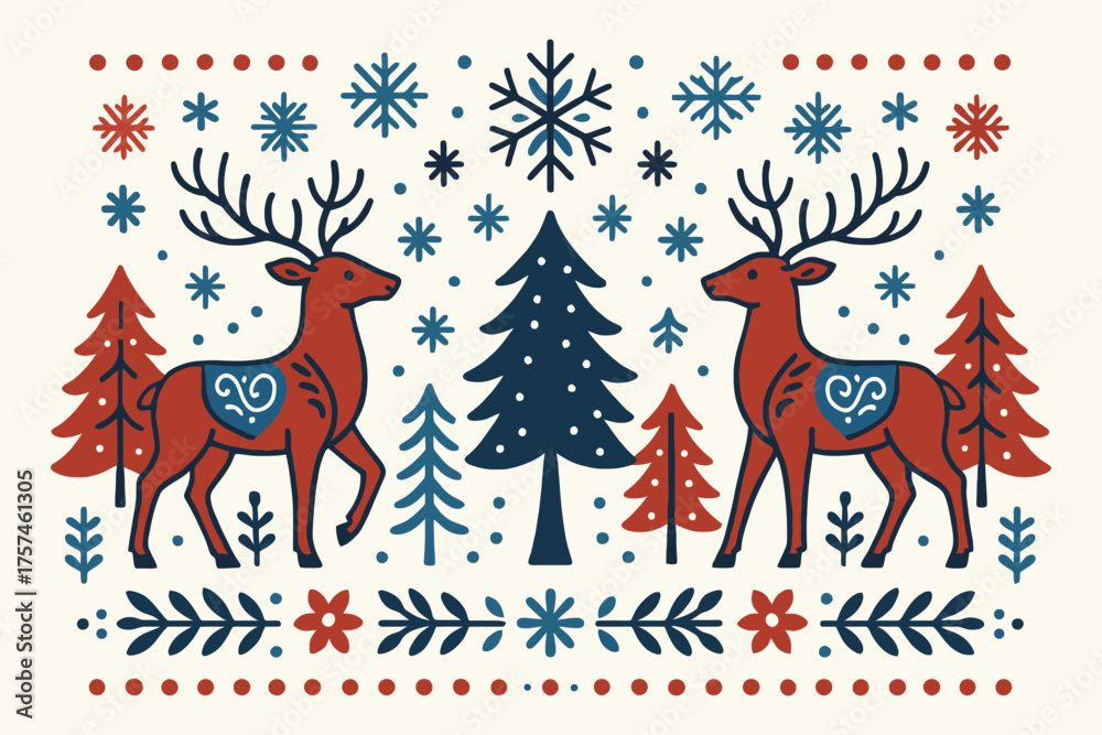Fototapeta premium Whimsical folk art christmas design featuring two reindeer and festive trees with snowflakes