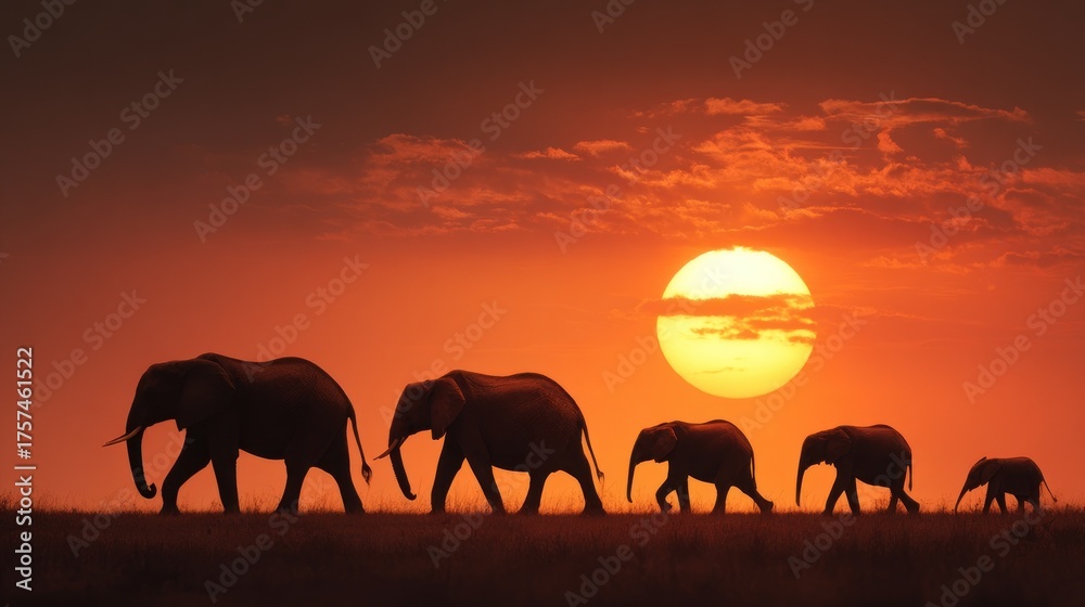 Fototapeta Silhouetted Elephant Family Walking Towards Sunset, African Savannah Scene.