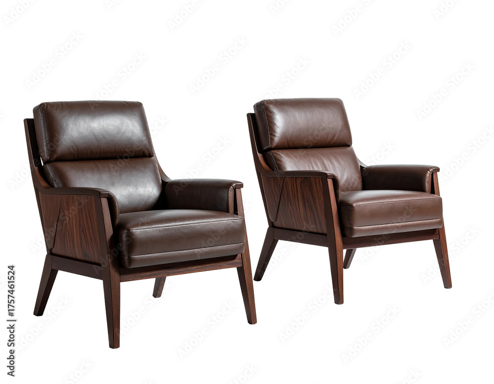 Naklejka premium Two leather armchairs with wooden frames, ideal for comfortable seating
