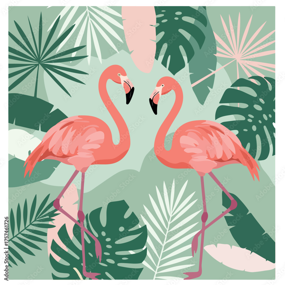 Fototapeta premium Two flamingos standing among tropical leaves in pastel tones, perfect for summer, nature, and exotic pattern designs
