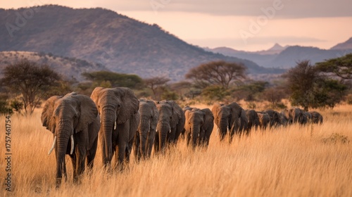 Majestic African Elephants in Golden Light: A Herd's Serene Sunset March Across Savanna