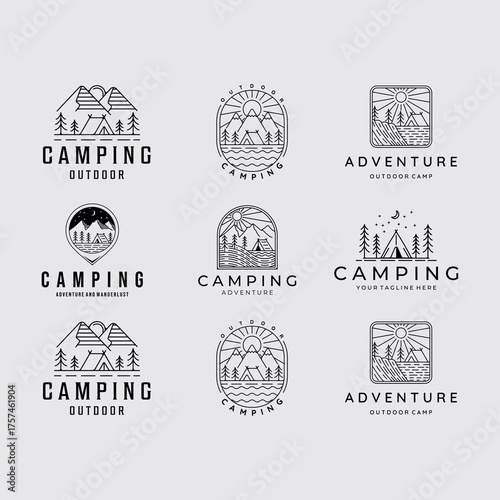 Camping And Adventure Logo Set With Mountains, Tents, And Forest Scenes For Branding