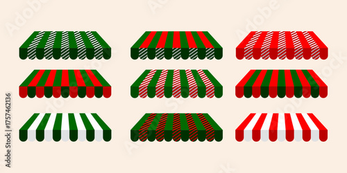 Colorful Market Awnings: Green, Red and White Striped Canopies in Array Set of Stalls Visuals
