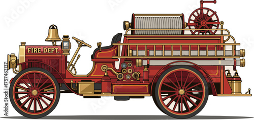 Antique Fire Engine Vector Illustration..The classic design includes hand-operated pumps, brass details, and wooden wheels, representing vintage emergency response history. Perfect for educational, hi