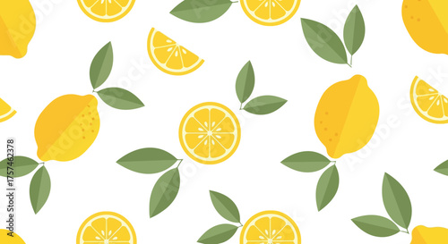 Fresh yellow lemons and green leaves seamless pattern summery citrus fruit background for design vector