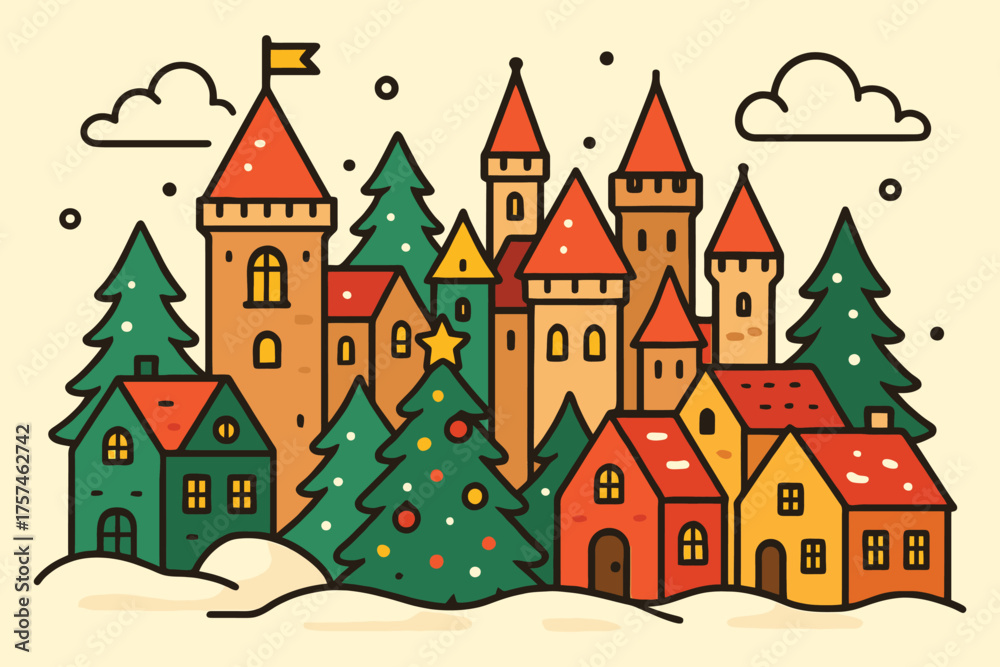 Obraz premium Charming winter village scene with festive christmas trees and castle illustration
