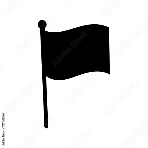 Silhouette of a solid black flag waving on its flagpole against white