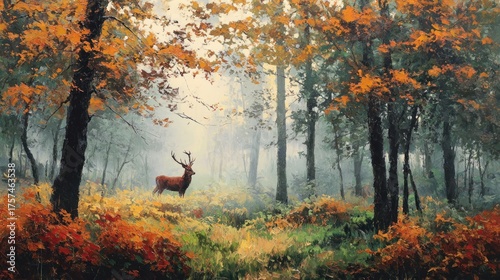 Majestic Stag in Vibrant, Misty Autumn Forest: Textured Impasto Oil Painting