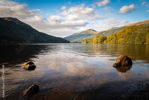 A sunny, autumnal HDR image of Loch Eck looking north from the shore of Jubilee point picnic site, Argyll and Bute, Scotland