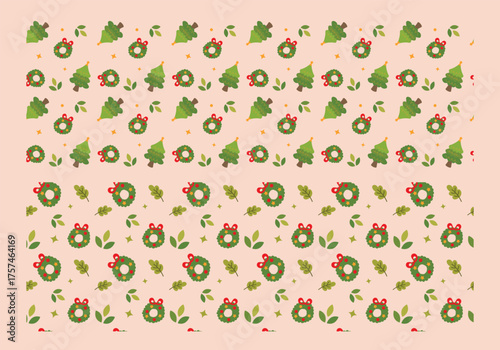 Christmas Tree and Wreath Seamless Pattern on Beige Background