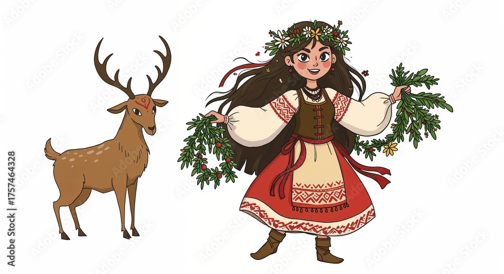 Fototapeta premium A cartoon illustration of a girl in traditional dress holding a wreath with a deer, perfect for folk tale storytelling, seasonal greeting cards, and whimsical art prints.