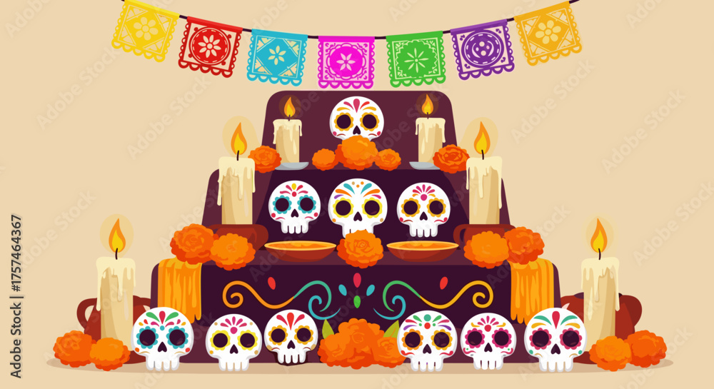Fototapeta premium Colorful Día de los Muertos altar with skulls and candles for cultural events, festive promotions, and educational materials 