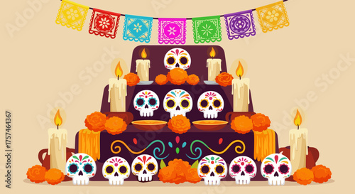 Colorful Día de los Muertos altar with skulls and candles for cultural events, festive promotions, and educational materials 