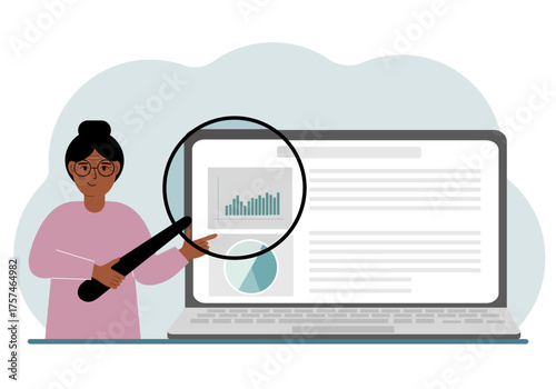 A woman shows a report, a presentation on a laptop with a magnifying glass vector illustration. Financial business analysis, audit, planning concept.