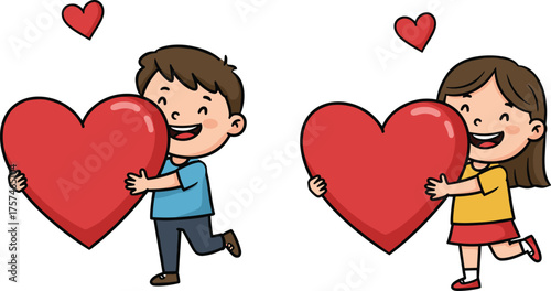 Cute boy and girl holding big red hearts, happy children showing love and affection, Valentine’s Day illustration, friendship, happiness, cartoon romantic concept
