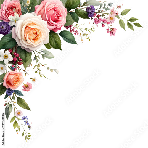 Floral Border with Roses and Greenery Black Background