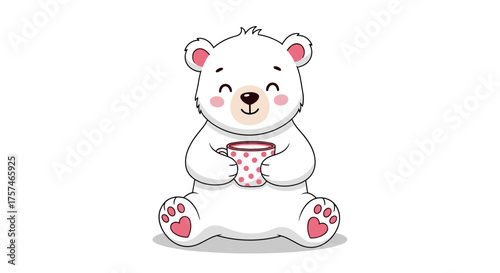 A cute polar bear sitting with a cup of hot chocolate.
