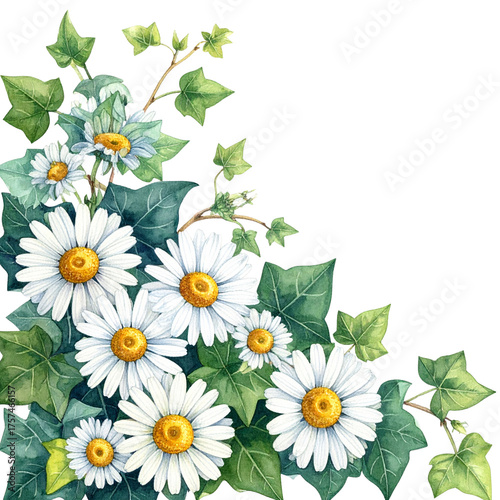 Fresh White Daisies with Green Leaves Black Background