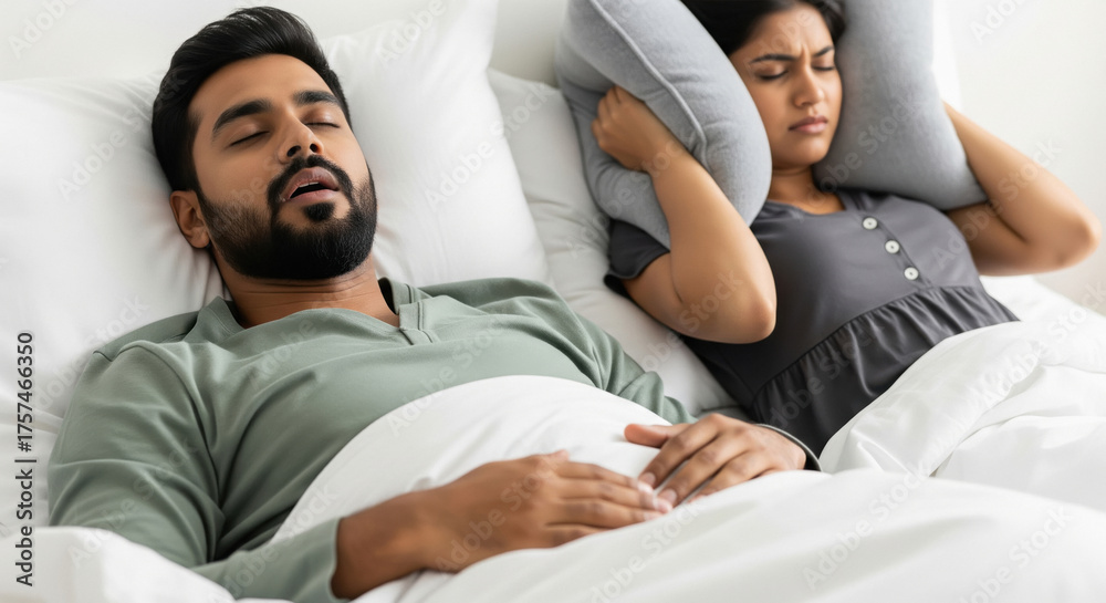 Obraz premium Woman Annoyed By Snoring Husband, Struggling To Sleep