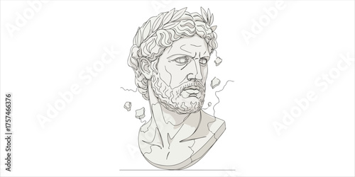 cracked marble bust head of a man with missing fragments, antique artwork object continuous single line art drawing sketch on white background