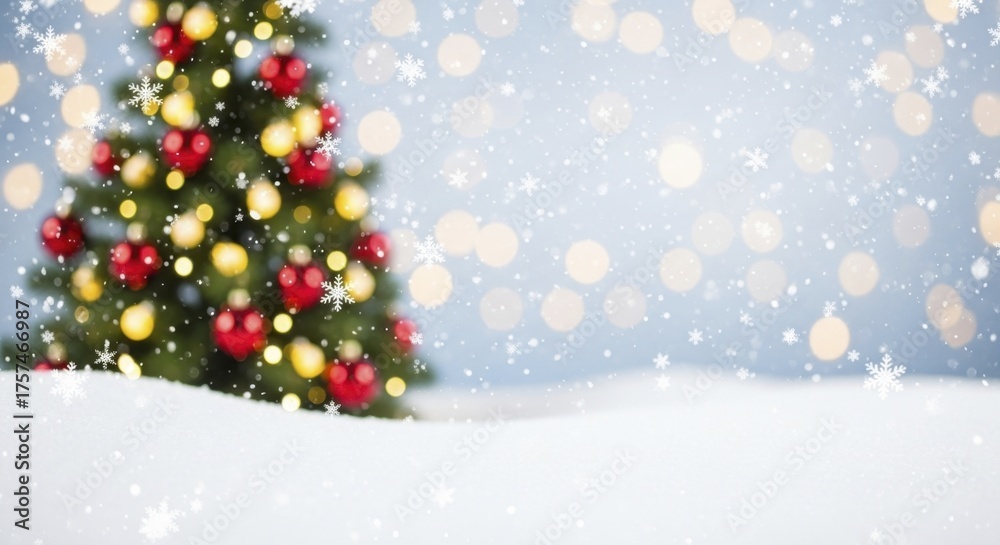 Obraz premium Festive Christmas tree in snowy landscape with shimmering lights and falling snowflakes