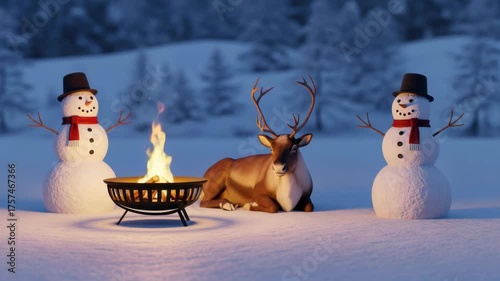 Snowy winter scene with snowmen, resting deer, and cozy outdoor fire pit in tranquil forest