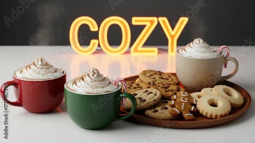 Warm coffee and cookies with neon cozy sign, creating inviting atmosphere and comfort mood