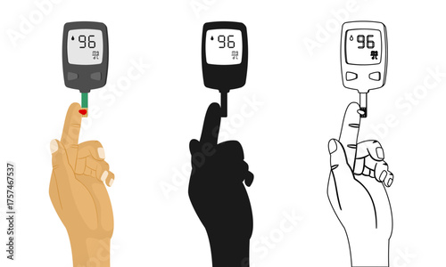 hand finger with blood attach to digital glucose monitor, vector illustration isolated on white background.