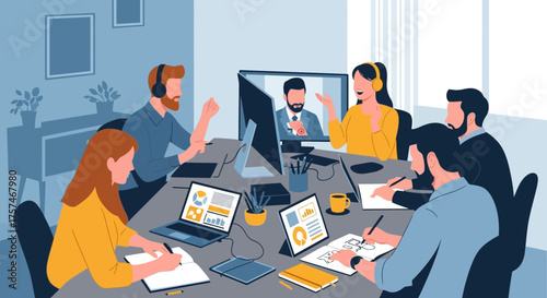 Team Collaboration During a Video Conference Meeting.