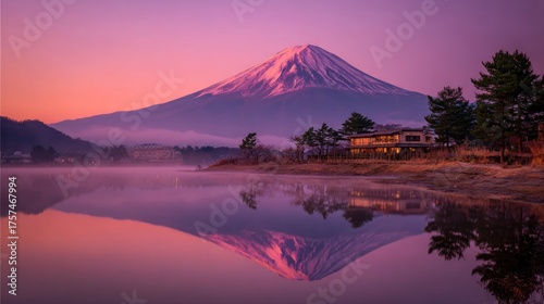 Majestic Mount Fuji at Dawn: Serene Reflection in Lake Kawaguchiko, Japan.