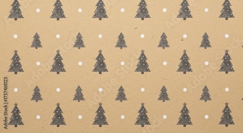 Festive Seamless Christmas Tree and Snow Dots Pattern on Textured Kraft Paper Background