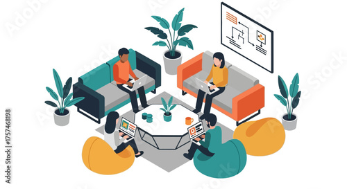 Isometric Illustration of People Working Together in Office.