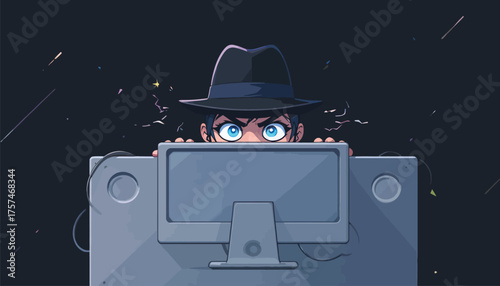 Hacker with Hat Peeking Over Computer Screen vector