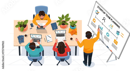 Startup Team Planning Meeting with Whiteboard and Laptops.