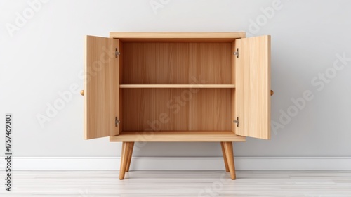 Stylish Wooden Cabinet with Open Doors Showcasing Minimalist Design and Natural Finish for Modern Home Interior Decoration