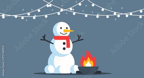 Cheerful Snowman with Fire Festive Winter Illustration.