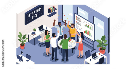 Diverse Team Celebrating Success in Modern Startup Office.