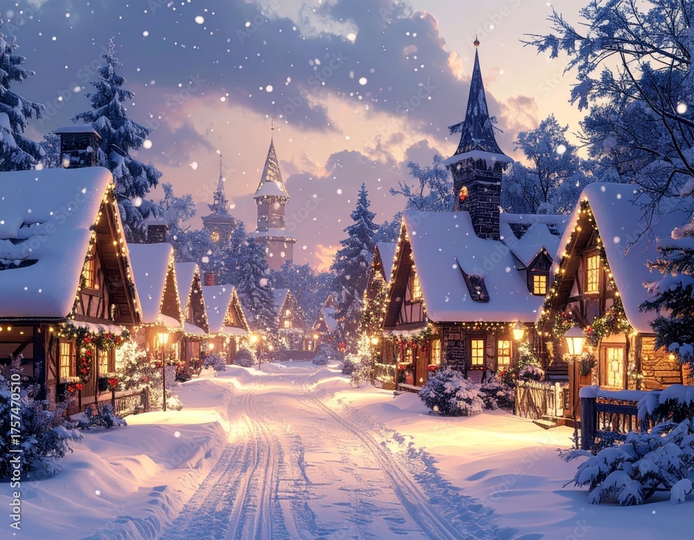Fototapeta premium Winter wonderland village with snowfall and lights